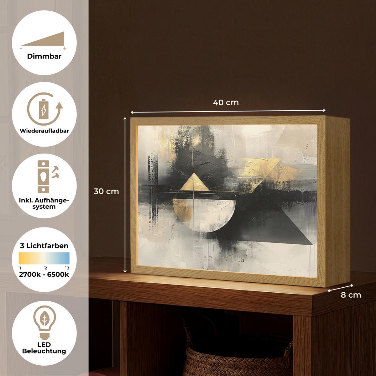 NÁSTĚNNÁ LAMPA S AKUMULÁTOREM Abstraktní - černá - barva - moderní 40x30 cm - šedá, kompozitní dřevo (40/30/8cm) - OnlyWow