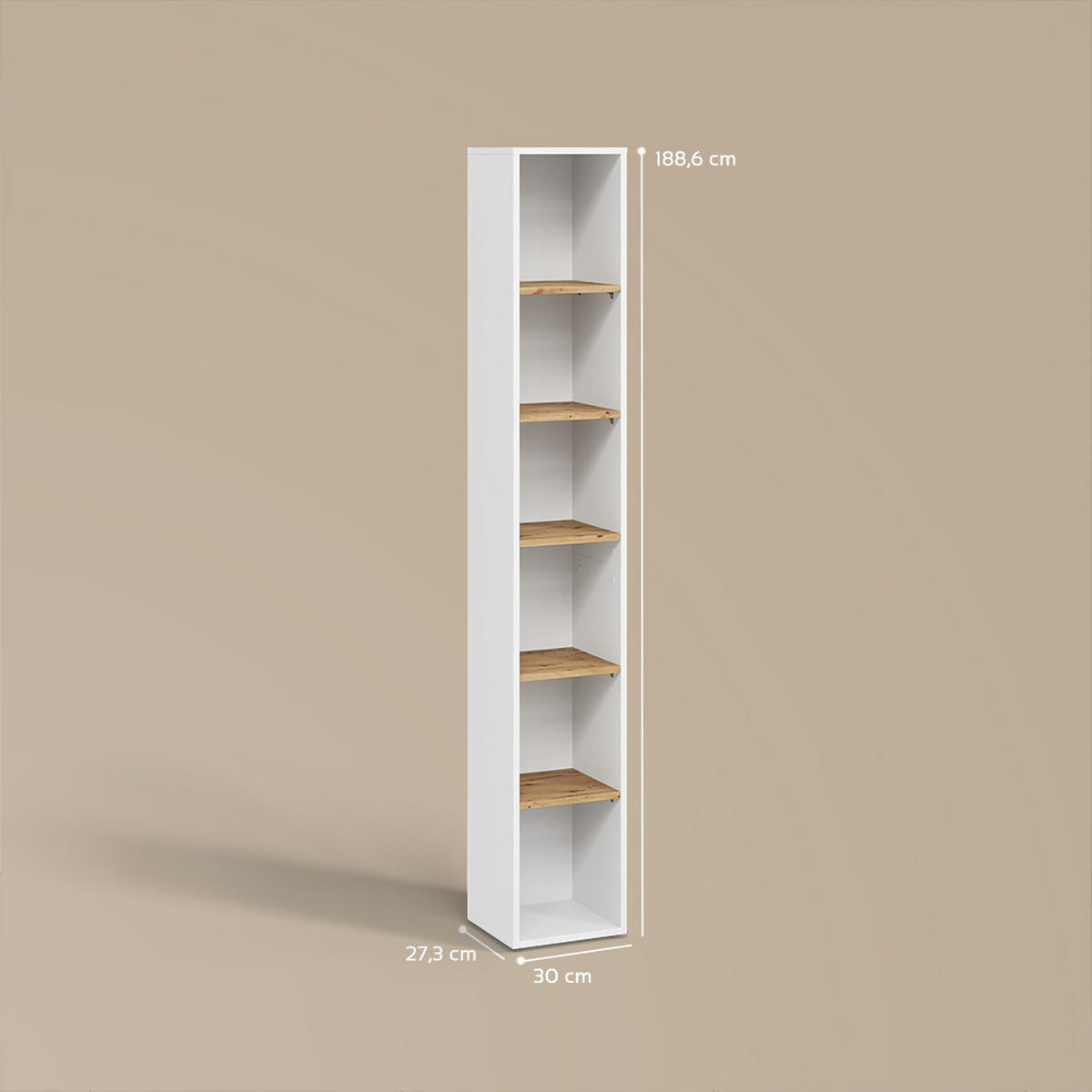 HOCHREGAL Paolina Weiß/Artisan 30 x 188.6 cm - Weiß/Eiche Artisan, Holzwerkstoff (30/188.6/27.3cm) - Livinity®