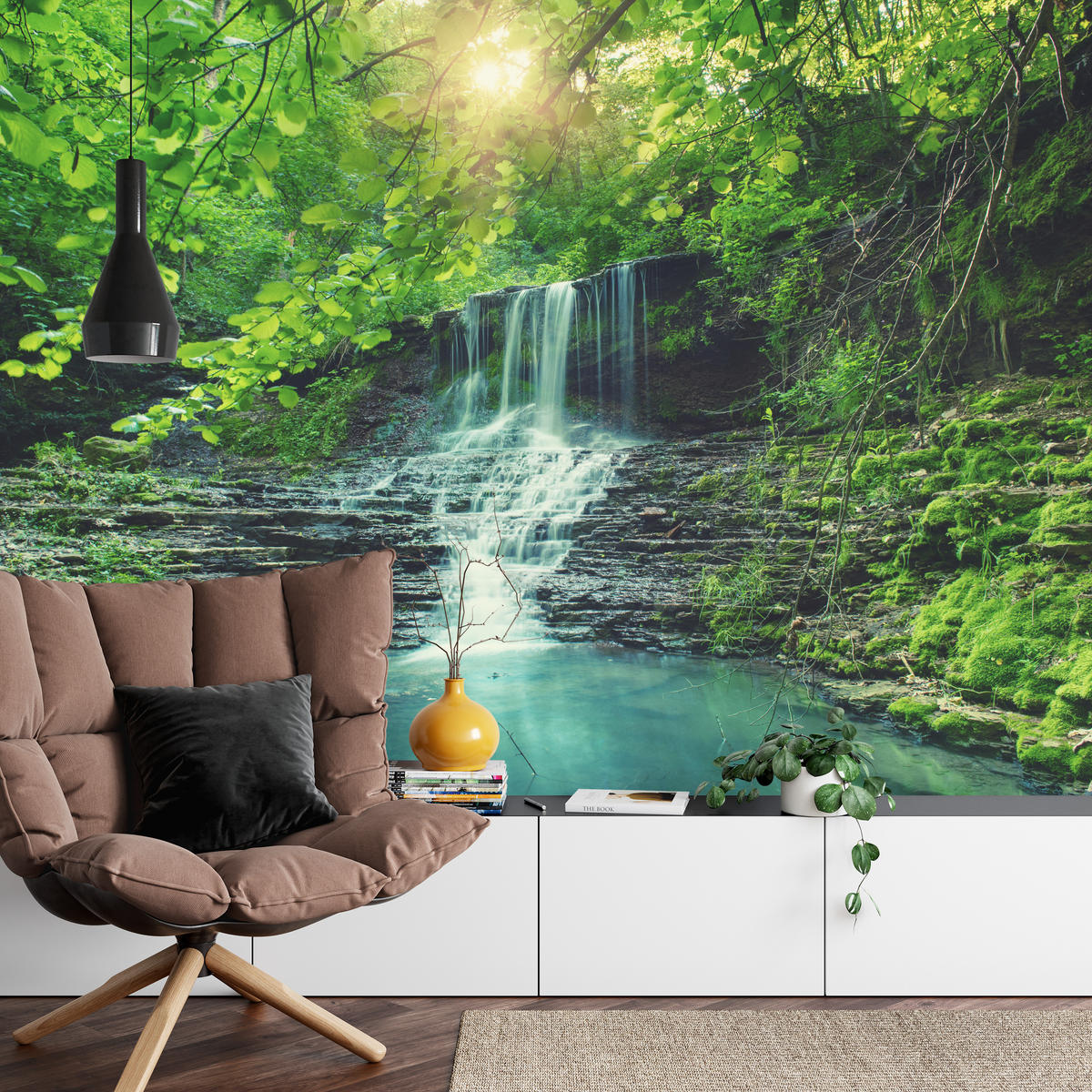 FOTOTAPETE für Schlafzimmer Türkisfarbener Wasserfall Wald Bäume Blätter Felsen 250x175 - Türkis/Blau, Papier (250/175cm) - Muralo