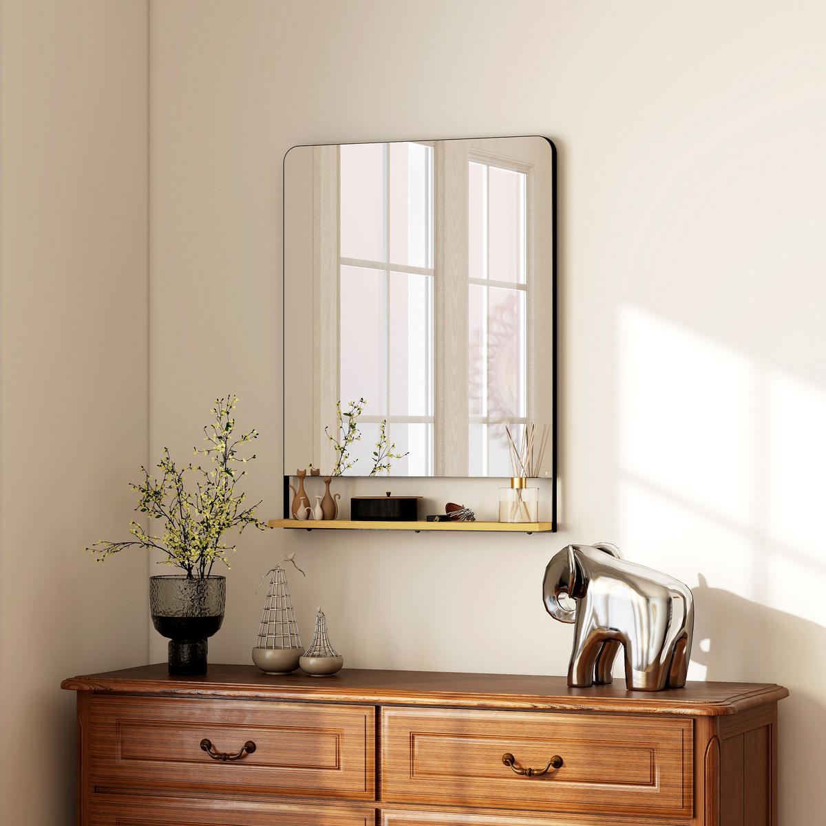 WANDSPIEGEL DE-14360 mit Holzablage, Metallrahmen Schwarz - Schwarz, Glas (80/10/60cm) - ComfortXL