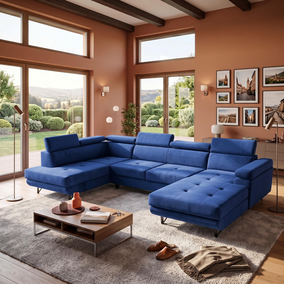 ECKSOFA U-Form JUNIOR U Links mit Schlaffunktion 128x254 Velours Blau - Blau/Schwarz, Holz/Textil (323/90/184cm) - Muffo