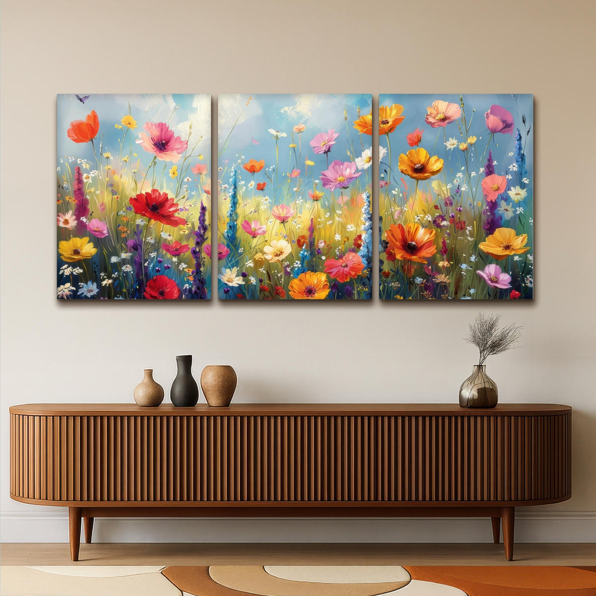 LEINWANDBILD 3er Set Blumen - Frühling - Farbenfroh - Sommerlich 180x80 cm - Orange, Textil (180/80cm) - MuchoWow