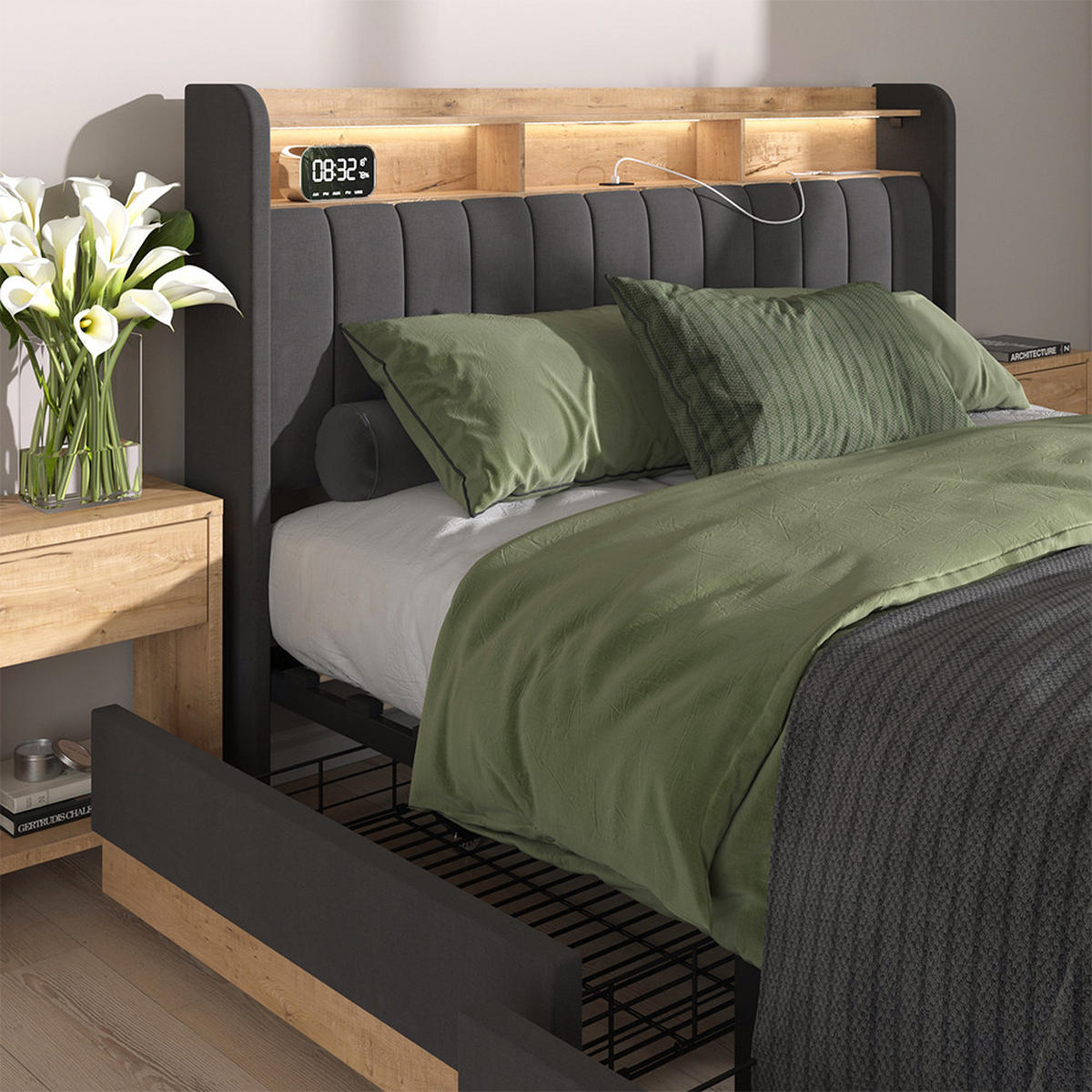 ČALOUNĚNÁ POSTEL Nura Antracit - antracitová/barva dubu, kompozitní dřevo - VitaliSpa
