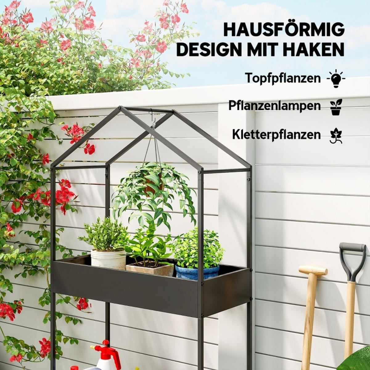 PFLANZENSTÄNDER Hausförmig Zweistufig Metall 75x35x150cm - Schwarz, Metall (35/150/75cm) - Modfu
