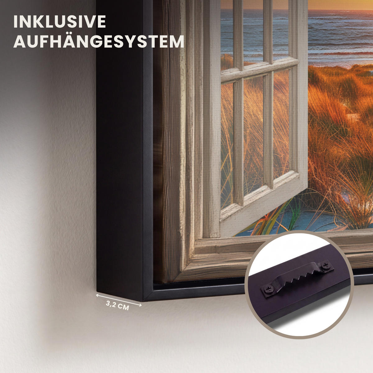 LEINWAND Bilder mit Rahmen - Aussicht - Fenster - Leuchtturm - Sonnenuntergang - Strand - 40x30 - Dunkelorange, Textil (40/30cm) - MuchoWow