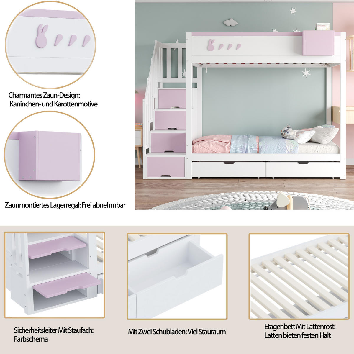 ETAGENBETT 90x200 Weiß/Rosa - Pink, Holz (90/200cm) - ComfortXL