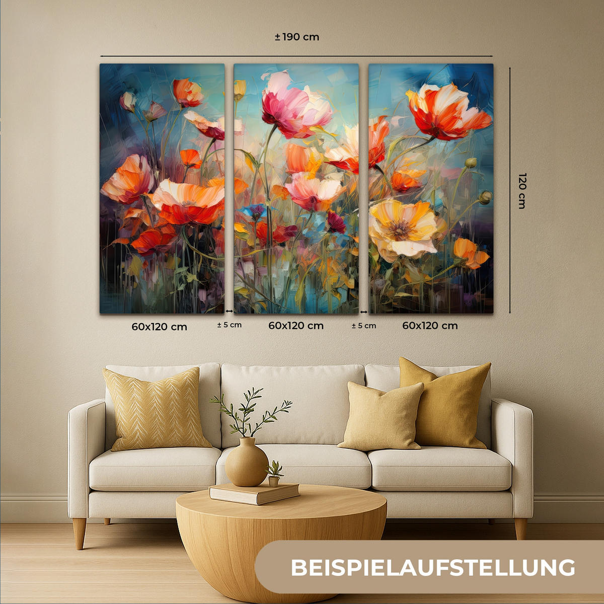 LEINWANDBILD 3er Set Blumen - Bunt - Abstrakt 180x120 cm - Blaugrau, Textil (180/120cm) - MuchoWow