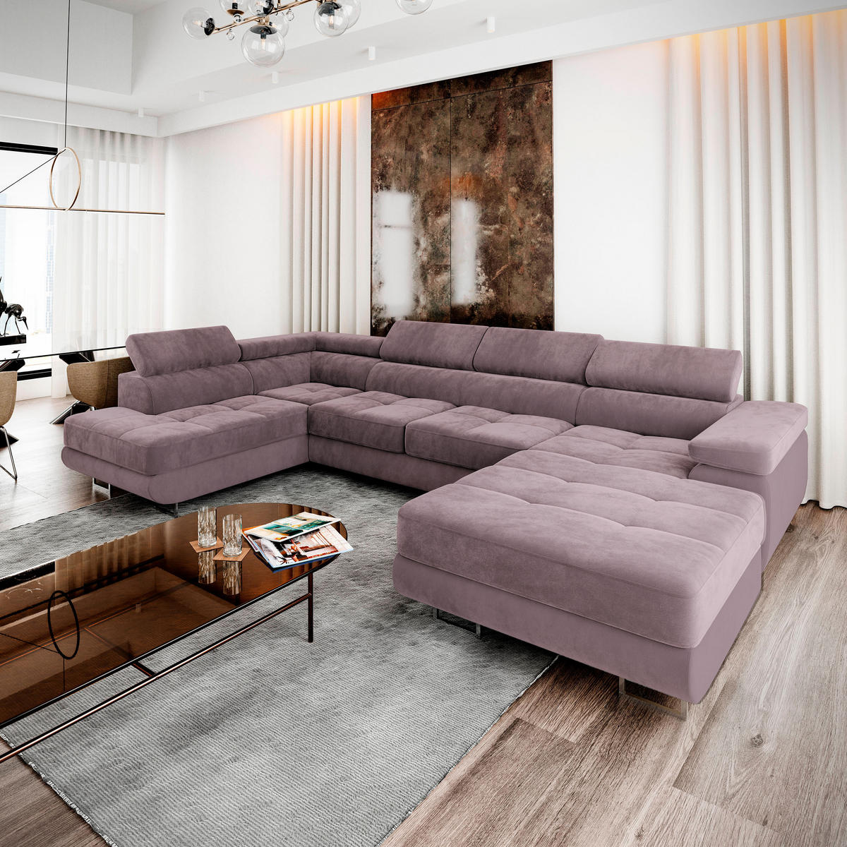 WOHNLANDSCHAFT CASONE L-S Lila Velours-Stoff mit Schlaffunktion - Lila, Holz (345/90/202cm) - MASSENO