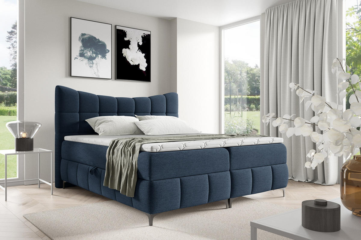 BOXSPRINGBETT 200x200 Almera, Chenille, Bettkasten, Matratze, Marineblau - Dunkelblau, Holz/Textil (200/200cm) - Emporius