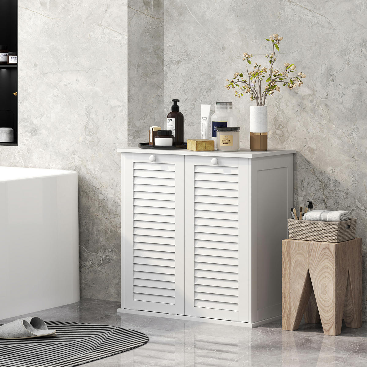 MIDISCHRANK DE-17347 2 Wäschekörbe mit Lamellentüren Weiß - Weiß, Holzwerkstoff (70/73/38cm) - ComfortXL