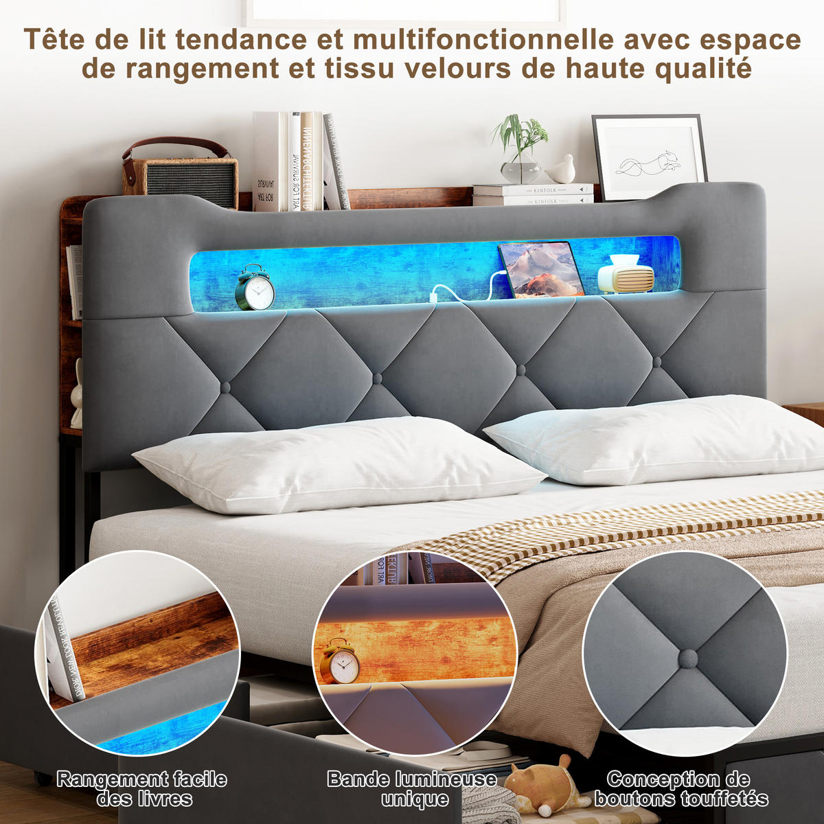 POLSTERBETT 160x200 cm LED USB Schubladen grau - Grau, Holz (160/200cm) - LEBENLANG