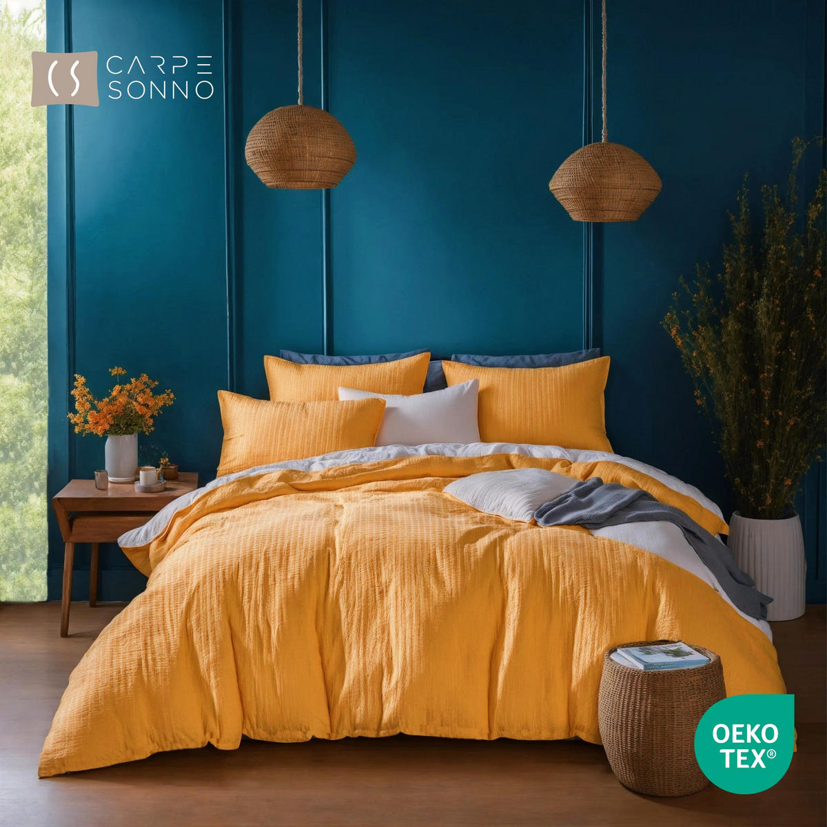 SEERSUCKER-BETTWÄSCHE 155x220 Uni Sommer Bettbezug Bügelfrei aus 100% Baumwolle, Bettbezüge einfarbig Orange Gelb - Orange, Textil (155/220cm) - Carpe Sonno