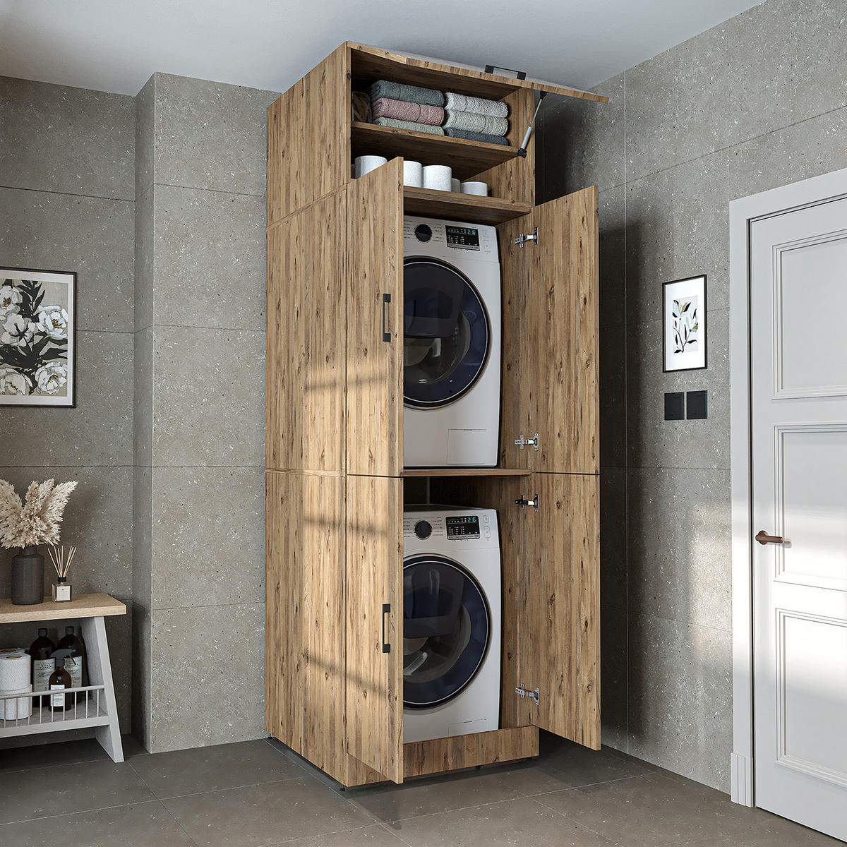 WASCHMASCHINENSCHRANK DORA-II 70cm Breit, 230cm Hoch - Eichefarben, Holzwerkstoff (70/230/74cm)