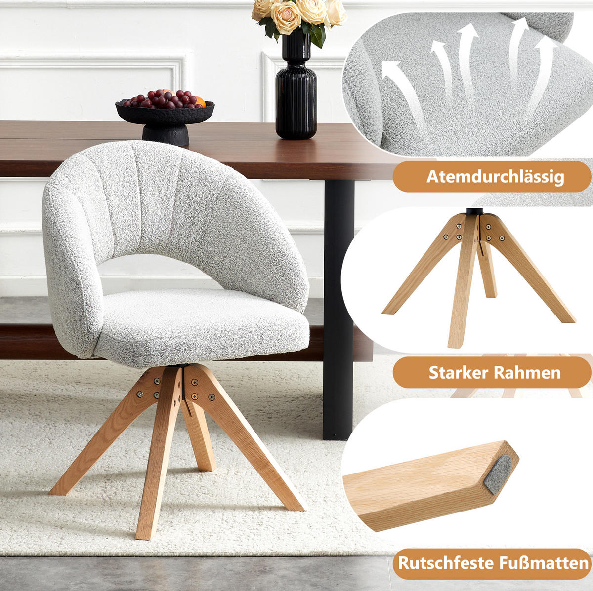 ESSZIMMERSTUHL 2er-Set drehbar 84 cm Samt Light Gray mit Massivholzbeinen - Hellgrau, Holz (49/84/46cm) - Meubliv