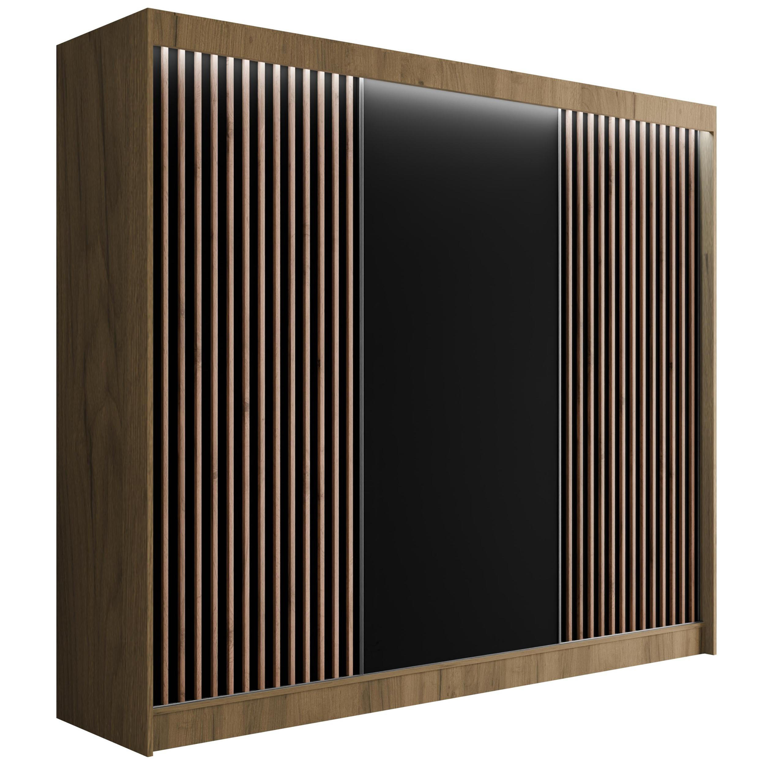 KLEIDERSCHRANK mit LED, Lamel-Schiebetüren VILANv2 - 250 cm Eiche Kraft + Lamelle Eiche Wotan - Hellbraun/Eiche Wotan, Holzwerkstoff (250/215/61cm) - ALTDECOR