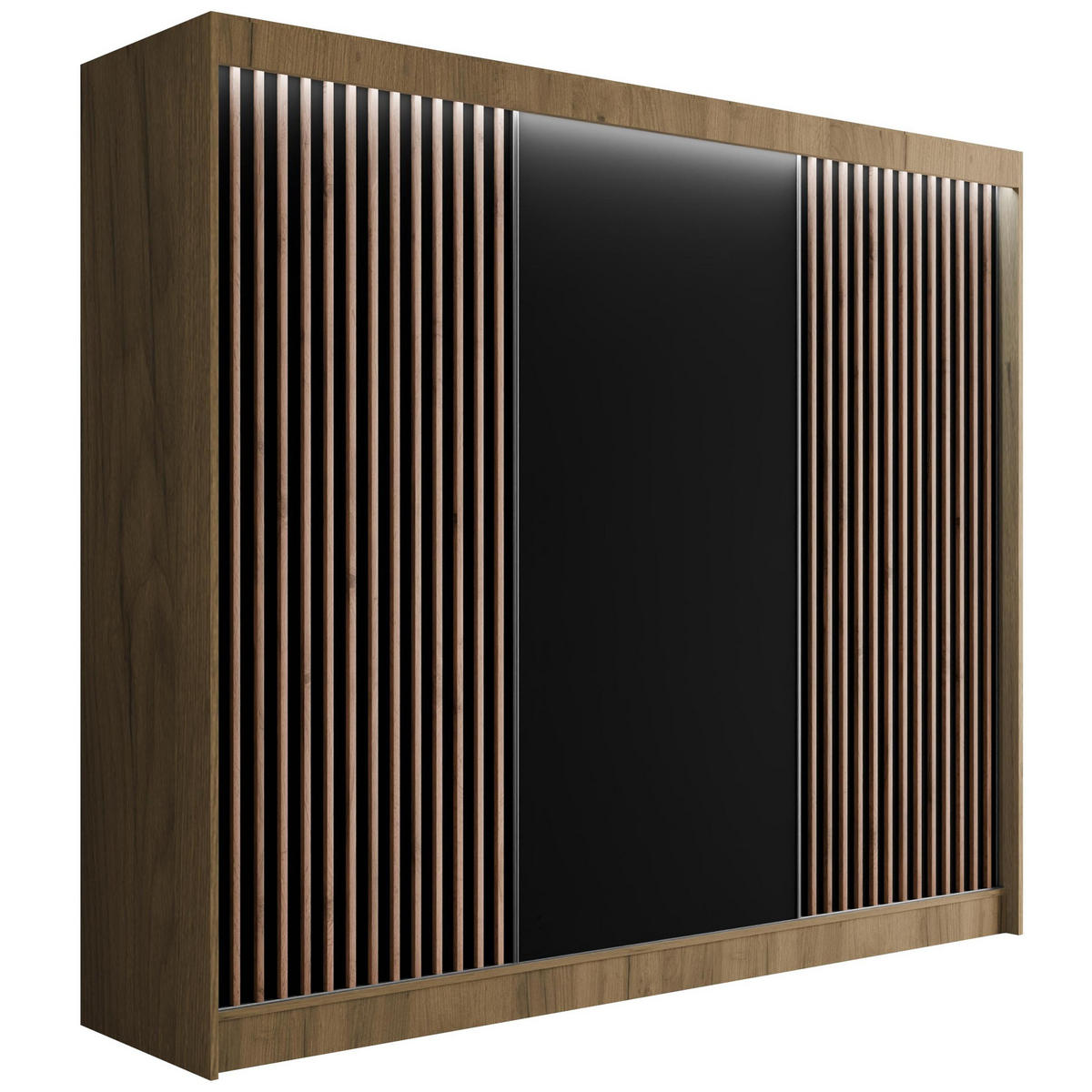 KLEIDERSCHRANK mit LED, Lamel-Schiebetüren VILANv2 - 250 cm Eiche Kraft + Lamelle Eiche Wotan - Hellbraun/Eiche Wotan, Holzwerkstoff (250/215/61cm) - ALTDECOR