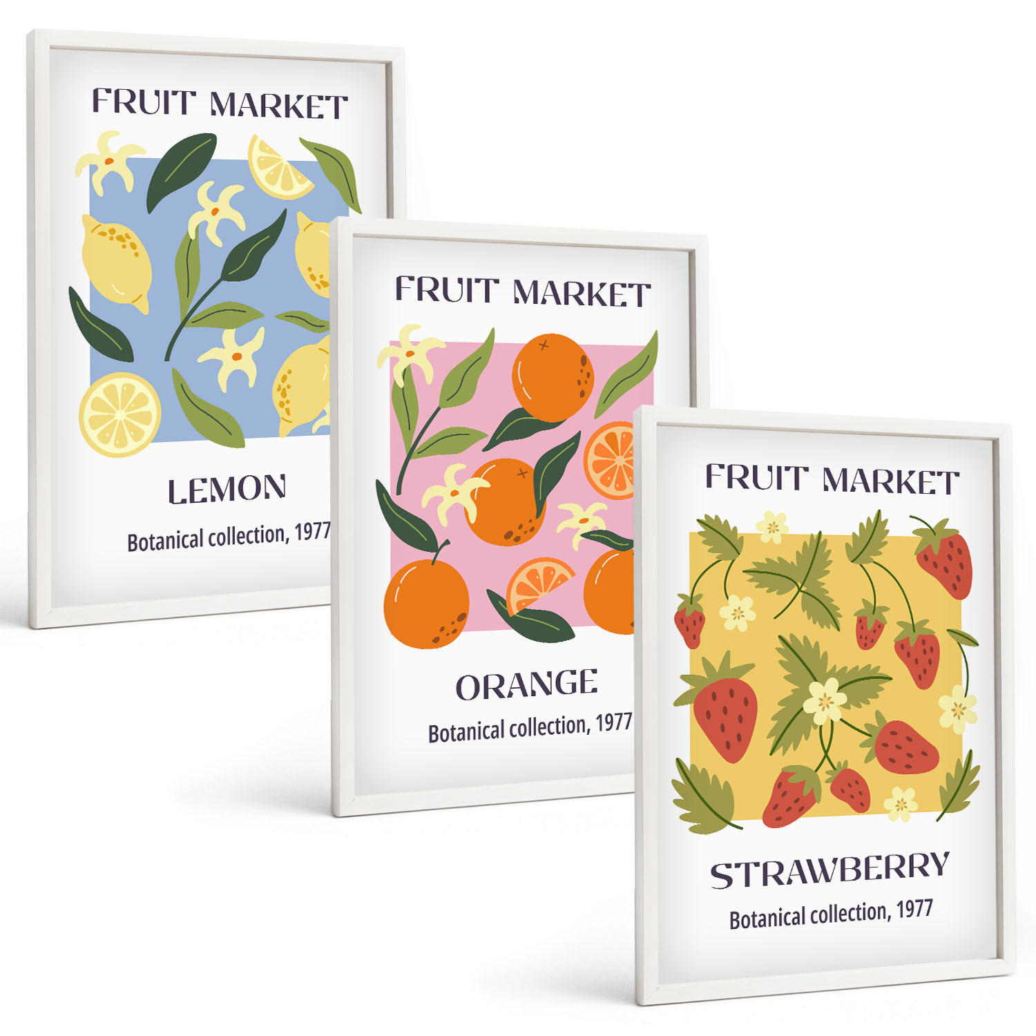 BILDER SET 3er Set - 40x60 cm Weißer Rahmen - Fruchtposter Zitronen Erdbeeren - Weiß, Kunststoff (40/60cm) - TULUP