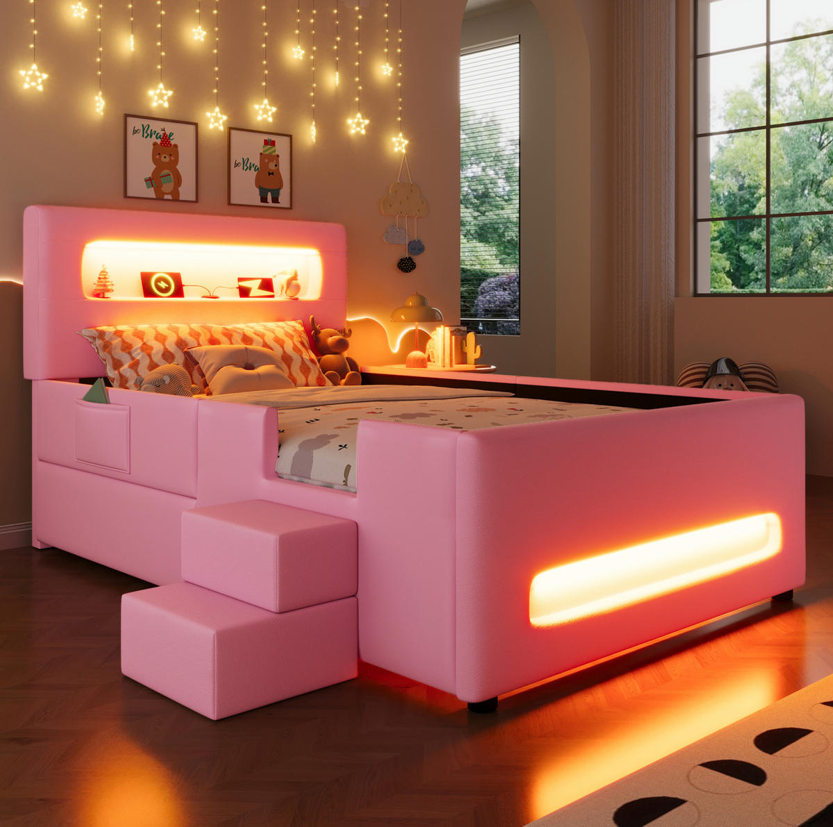 POLSTERBETT 90/200 cm rosa aus MDF/PU mit LED und Schublade - Rosa, Holzwerkstoff (90/200cm) - OKWISH