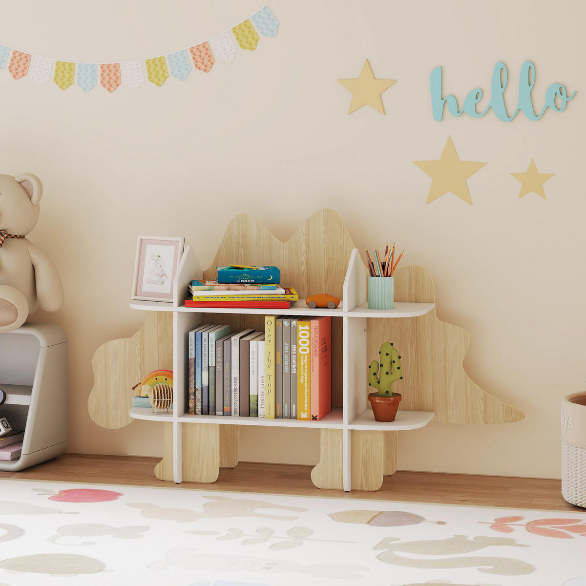 KINDERREGAL DE-17277 6 Fächer, Dinosaurier-Design Naturholz - Naturfarben, Metall (120/72.2/28cm) - ComfortXL