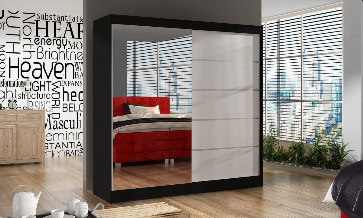 SCHWEBETÜRENSCHRANK Basti III - 200 cm - Schwarz/Weiß, Holzwerkstoff/Metall (200/215/58cm) - Sofnet
