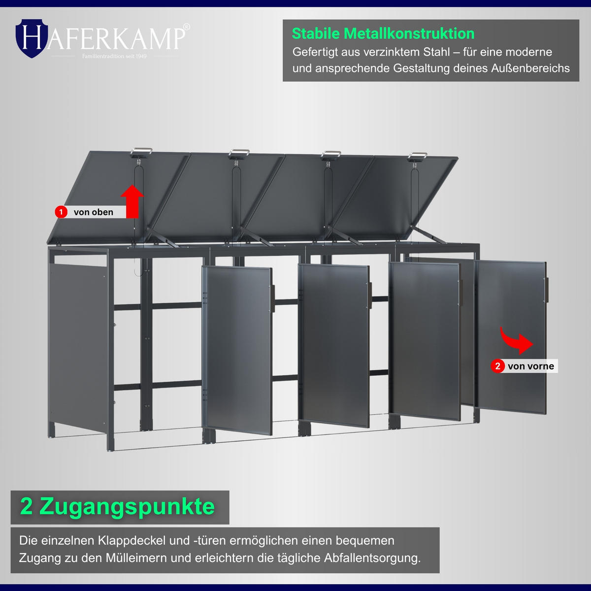 MÜLLTONNENBOX MODUS 4er HxBxT 118,5x272x80cm für 4 x 240 Liter Mülltonnen Verzinkter Stahl - Grau, Metall (272/118.5/80cm)