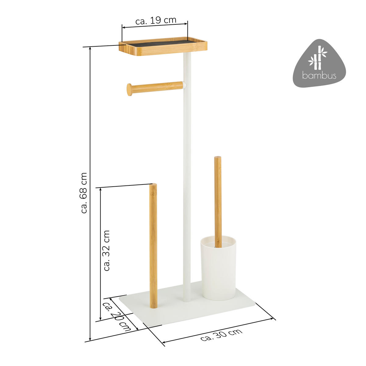 STAND-WC-GARNITUR 4in1, Bambus/Metall weiß - Weiß, Metall (30/68/18cm) - eluno