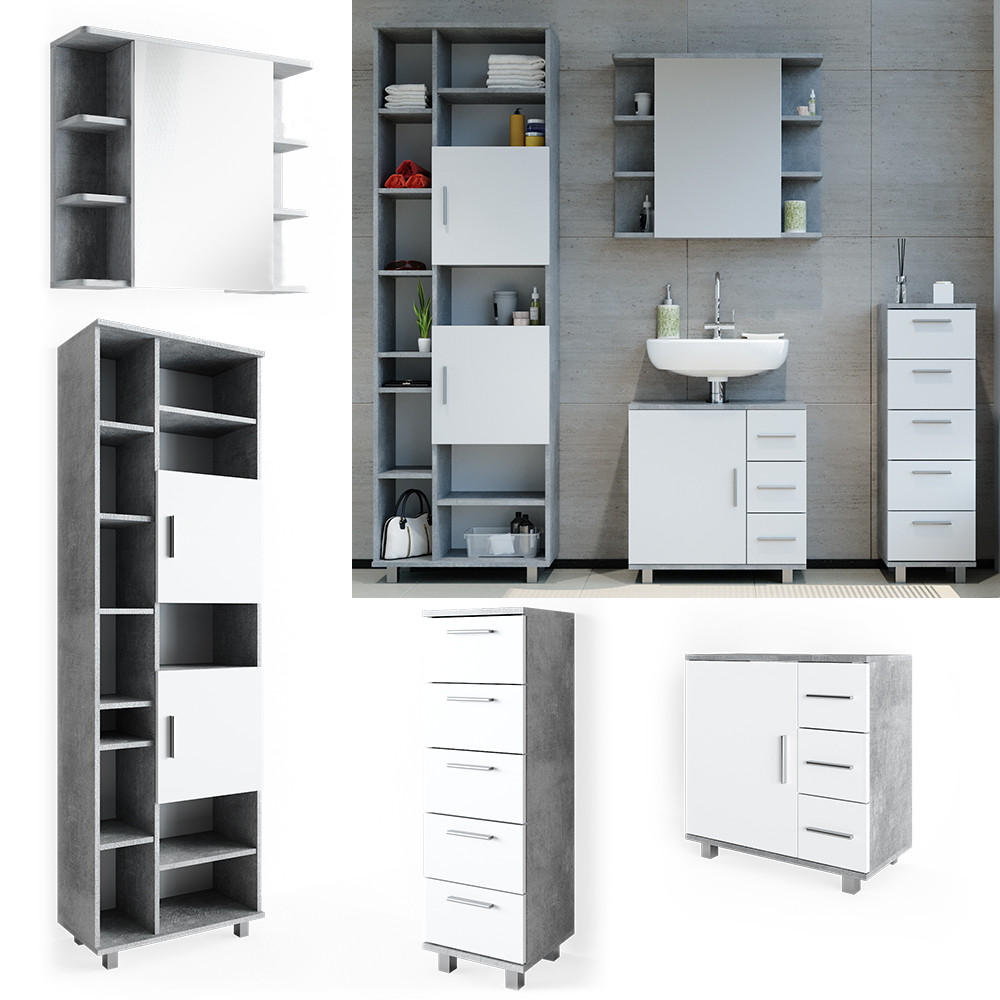BADMÖBEL-SET Ilias Beton 4 Teile - Schieferfarben/Weiß, Holzwerkstoff (60/60/33cm) - Vicco