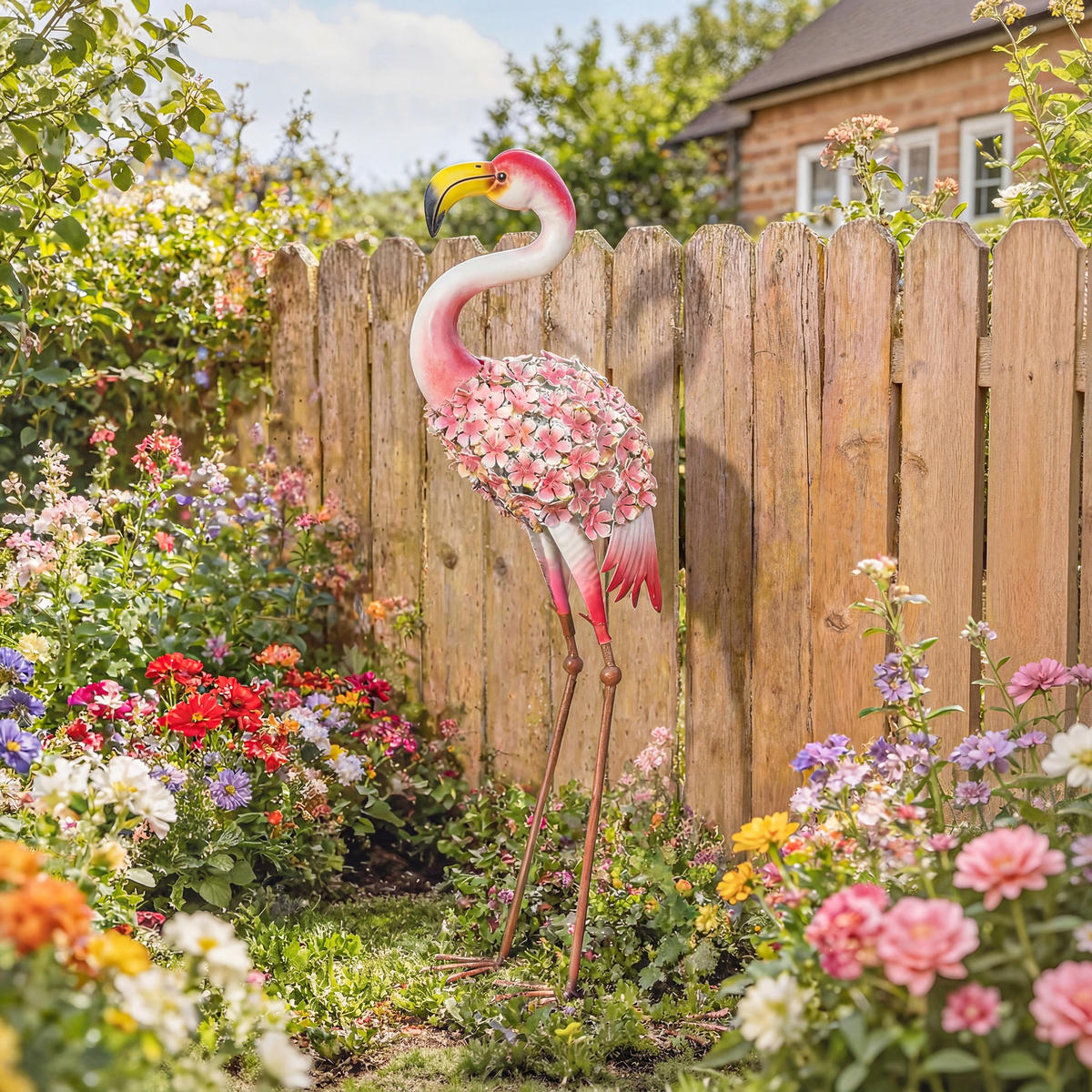 GARTENFIGUR DE-13873 Flamingo mit Blütenfedern Rot - Rot, Metall (19/83/28cm) - ComfortXL