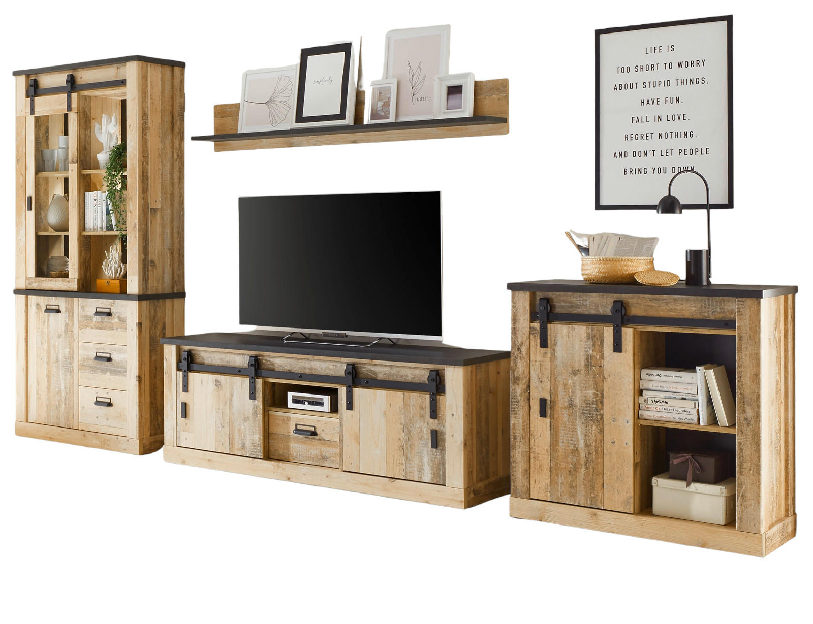 WOHNWAND Used Wood hell, anthrazit 4-teilig 388 cm, Wohnkombination, viel Stauraum - Anthrazit/Schwarz, Holzwerkstoff/Metall (388/201/43cm) - Furn.Design