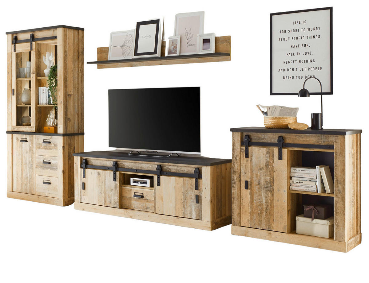 WOHNWAND Used Wood hell, anthrazit 4-teilig 388 cm, Wohnkombination, viel Stauraum - Anthrazit/Schwarz, Holzwerkstoff/Metall (388/201/43cm) - Furn.Design