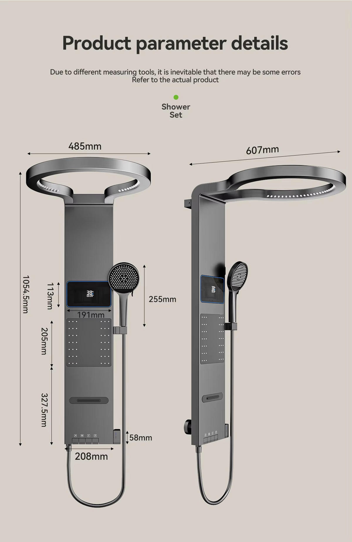 ÜBERKOPFBRAUSESET LED Digitalanzeige Wasserfall - Dunkelgrau, Metall (48.5/105.45/60.7cm) - Bextcok