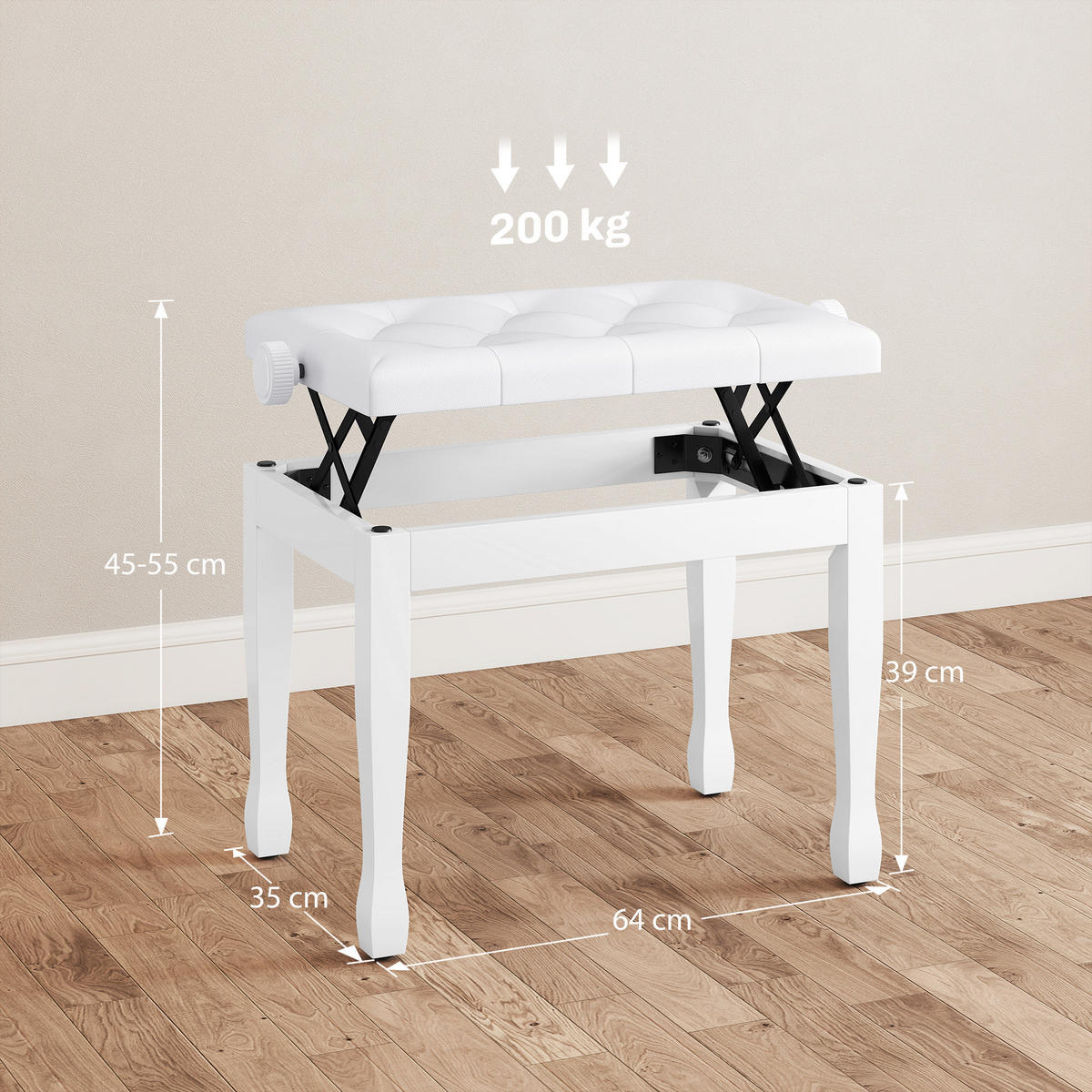 KLAVIERHOCKER DE-07223 höhenverstellbar mit Kunstleder Weiß - Weiß, Holz (35/55/64cm) - ComfortXL