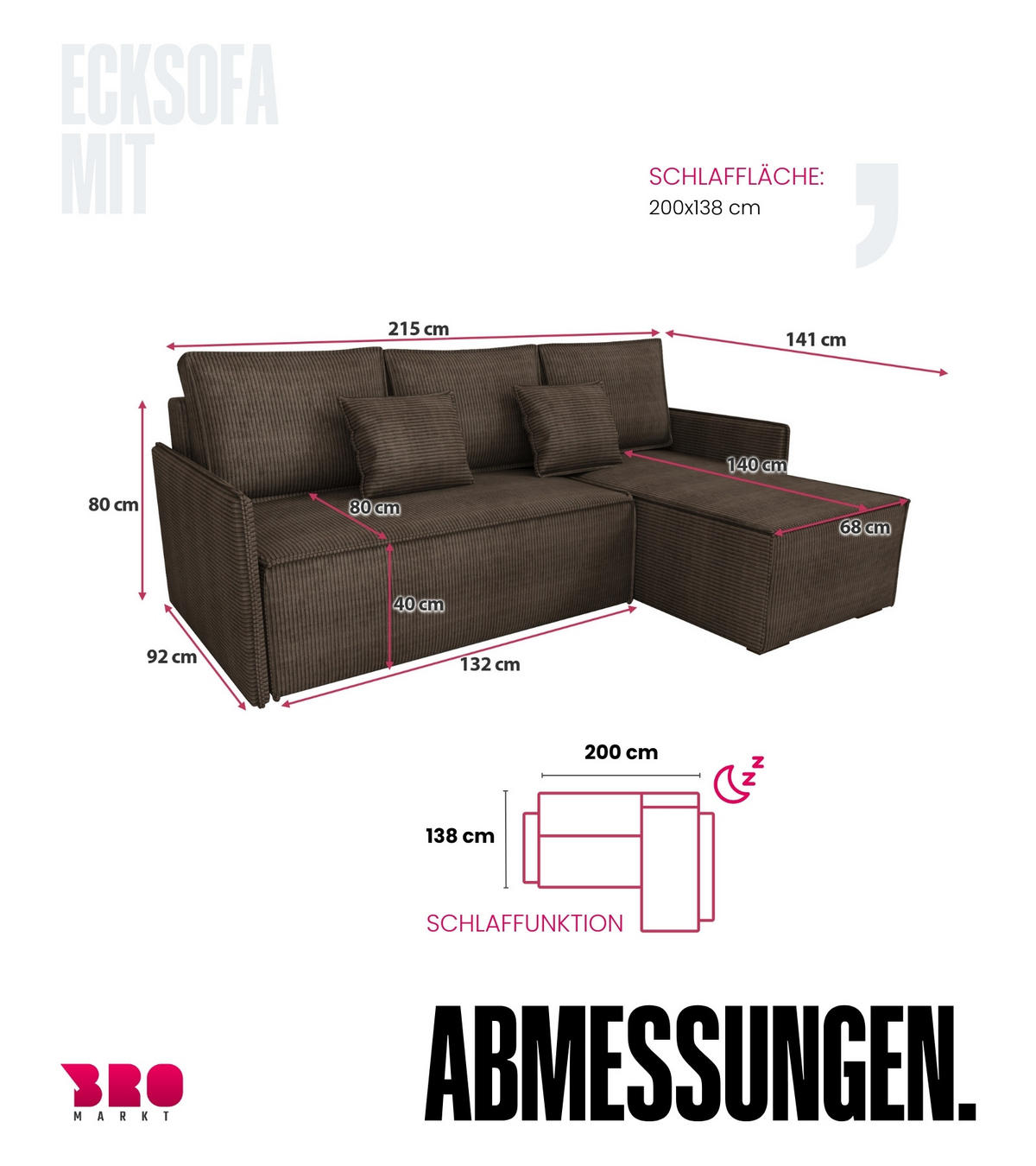 ECKSOFA Atlantic mit Schlaffunktion Braun Cord - Braun, Textil (238/141cm) - Bromarkt