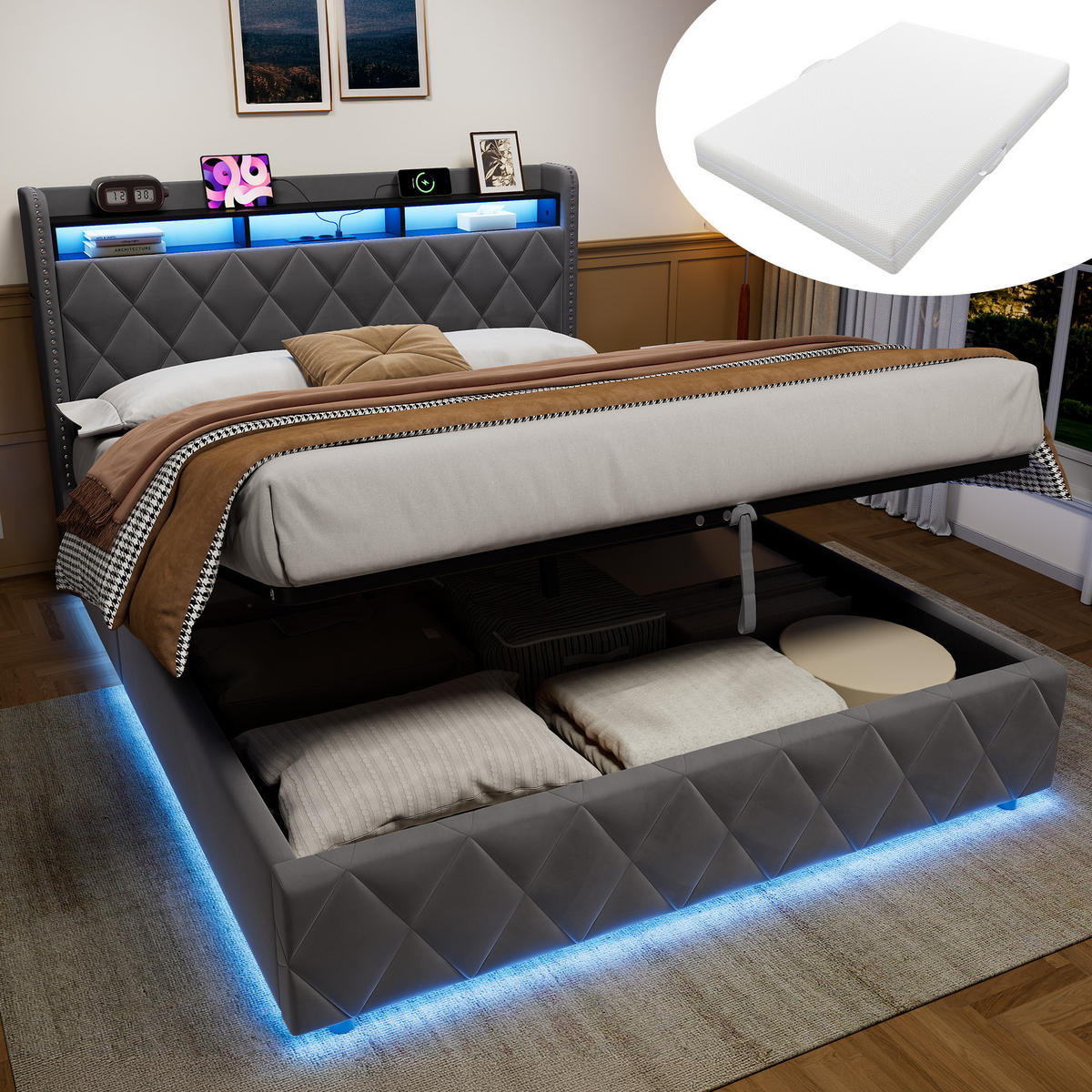 POLSTERBETT 160×200 mit LED-Beleuchtung, Bettkasten und Matratze - Grau, Holzwerkstoff/Textil (160/200cm) - EVRYAE
