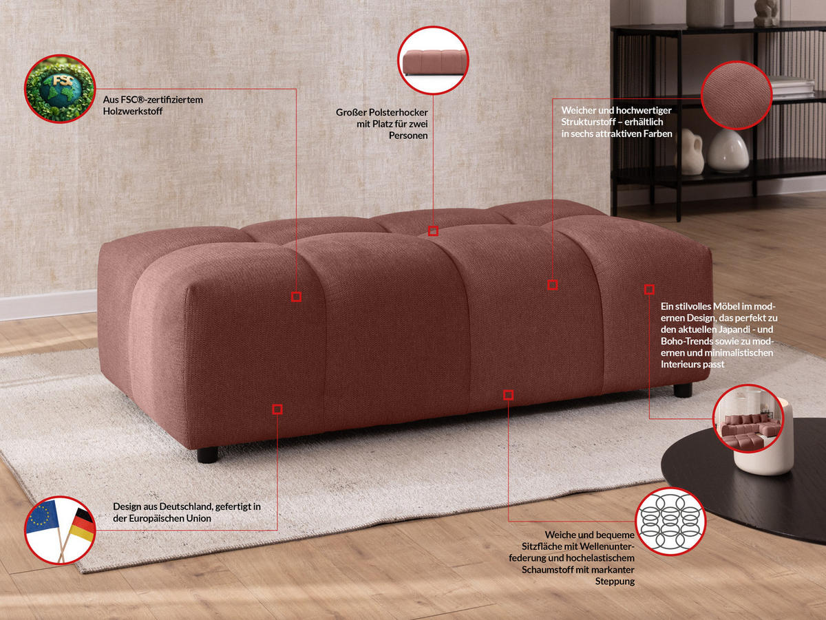 HOCKER Bubble mit Sitzfläche in Bubble-Optik aus weichem Terrakotta Strukturstoff mit schöner Sitzkomfort - Terracotta/Schwarz, Holz/Kunststoff (147/42/74cm) - S-Style Möbel