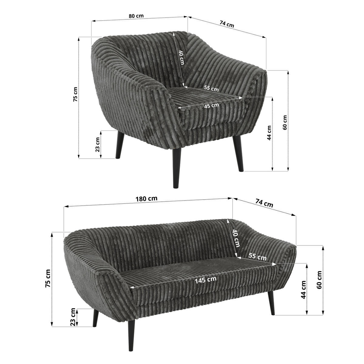 SEDACÍ SOUPRAVA 3+1+1 PIRS - Šedá Manšestr - Černé nohy - šedá/černá, kompozitní dřevo/textil (180/75/74cm) - MKS
