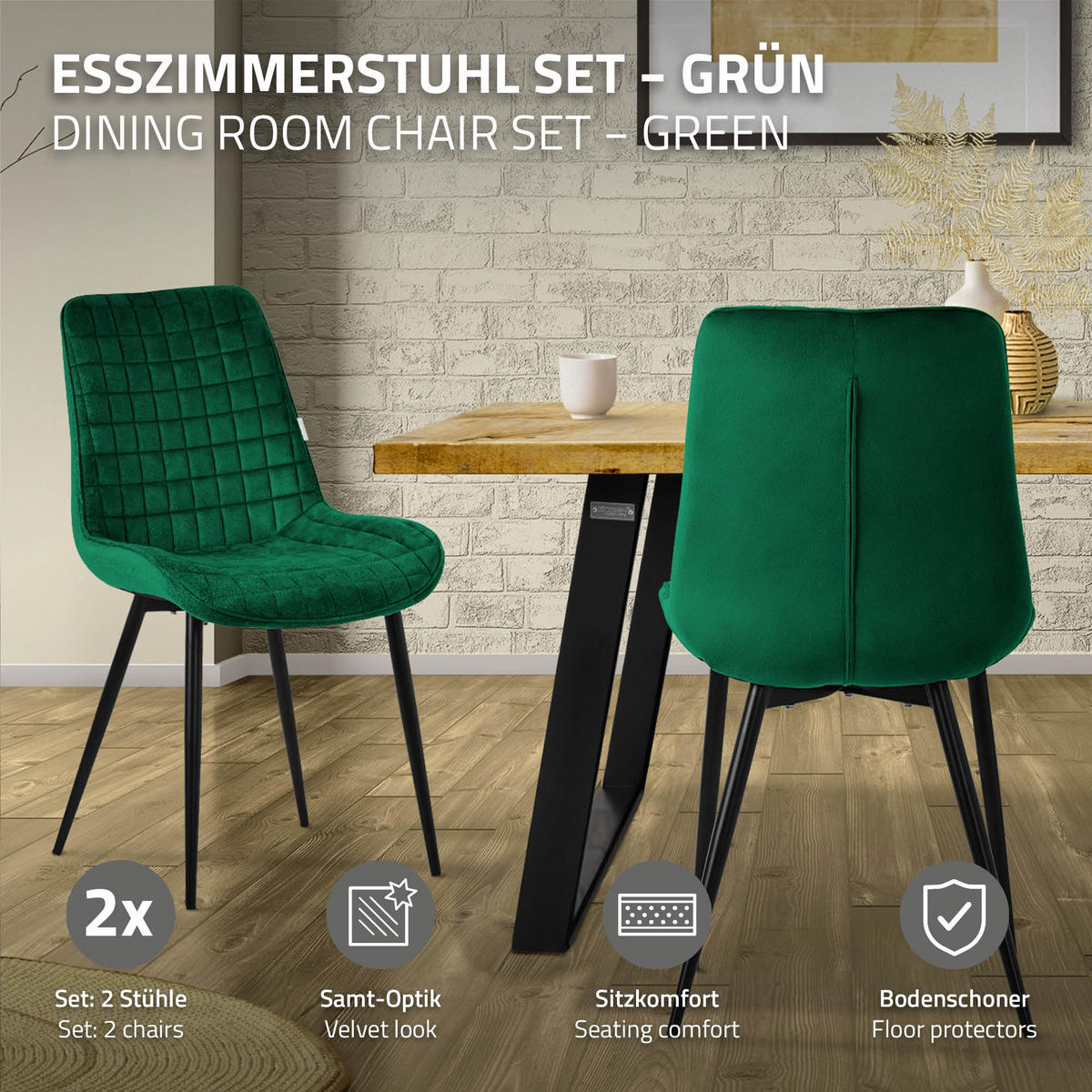 ESSZIMMERSTÜHLE 2ER-SET Dunkelgrün Samt - Dunkelgrün/Schwarz, Textil/Metall (52/89/60cm) - ML-DESIGN
