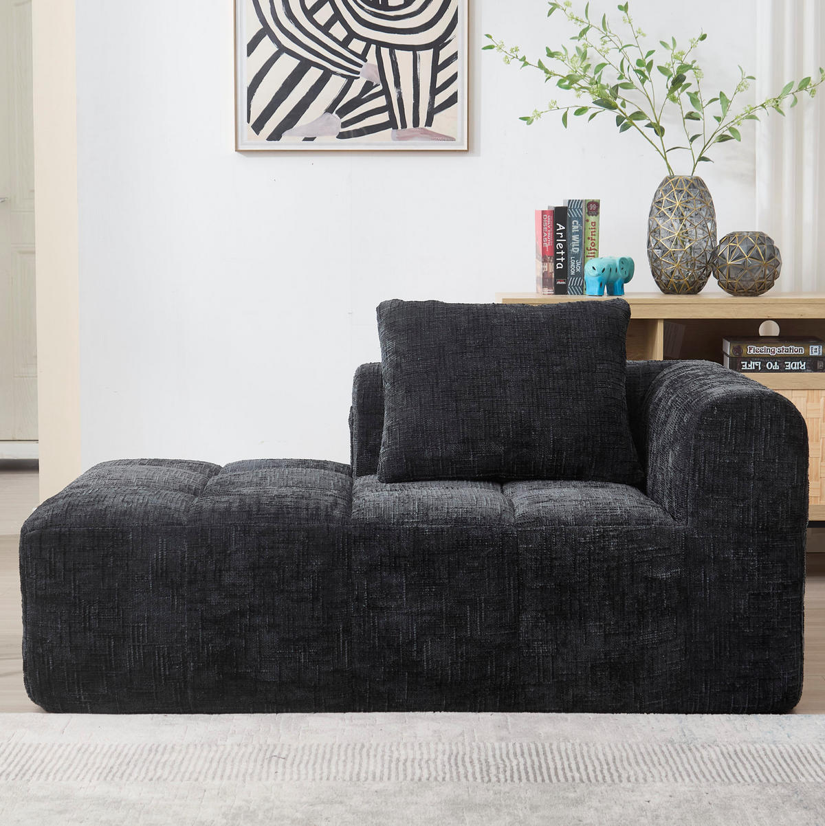 SOFA Chaiselongue 158 x 90 x 60 cm Chenille Black mit Seitentaschen - Schwarz, Kunststoff (90/60/158cm) - Meubliv
