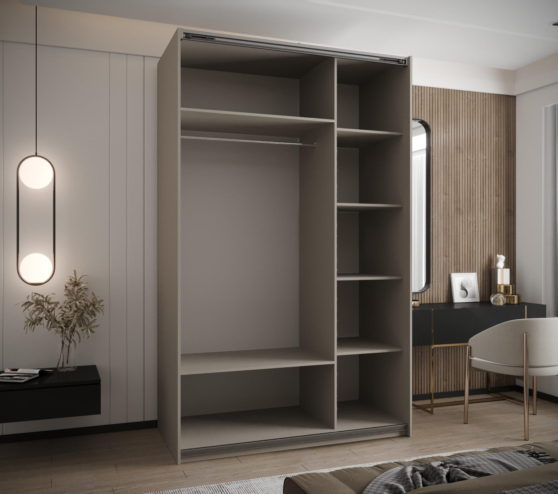 Thumbnail - Abiks Möbel Schwebetürenschrank, Kaschmir, Kaschmir, Silber, Metall, Nachbildung, 6 Fächer, 150x245x64 cm, Schlafzimmer,...