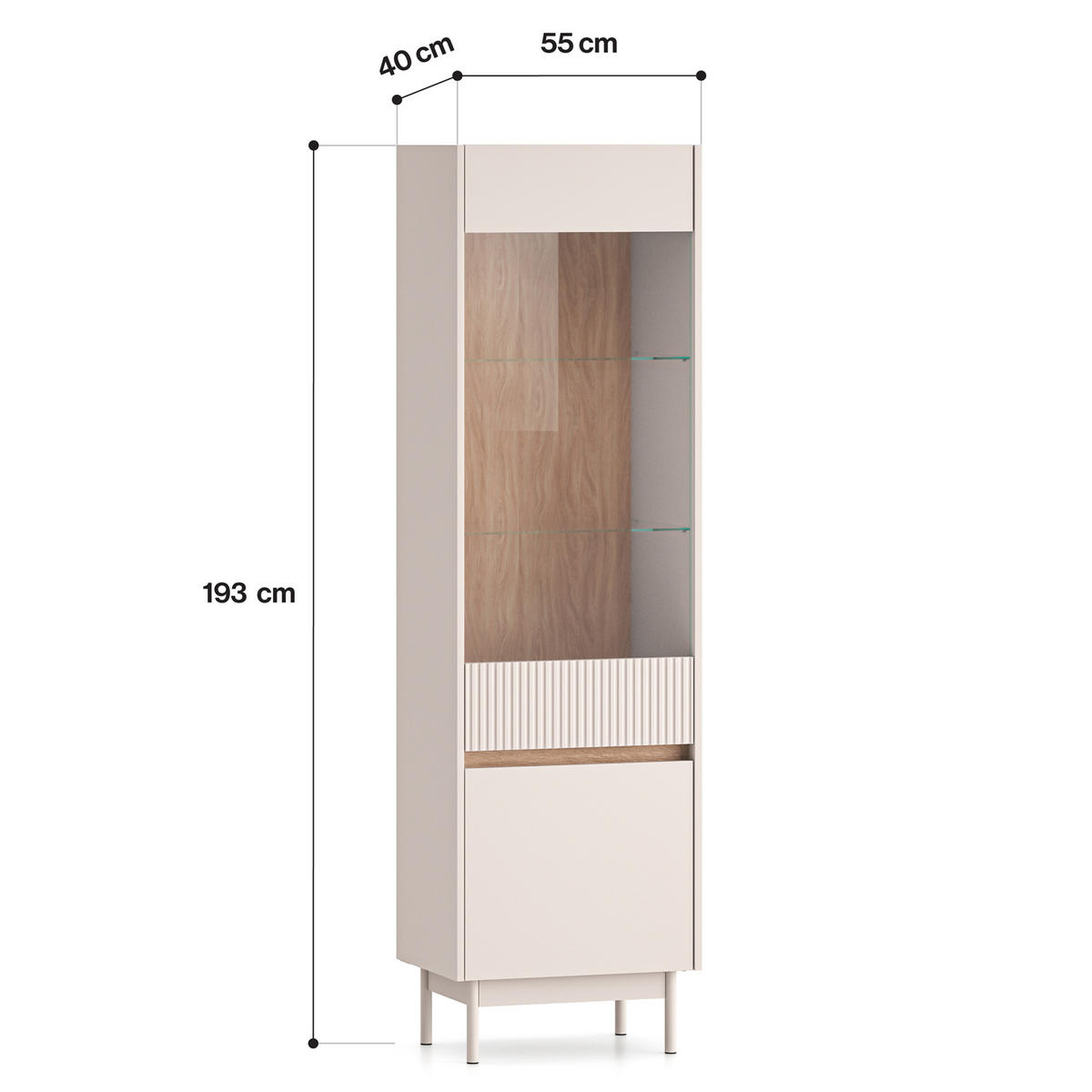 VITRINENSCHRÄNK NALIA, Vitrine, Creme/Eiche - Eichefarben/Creme, Glas/Holzwerkstoff (55/193/40cm) - KONSIMO®