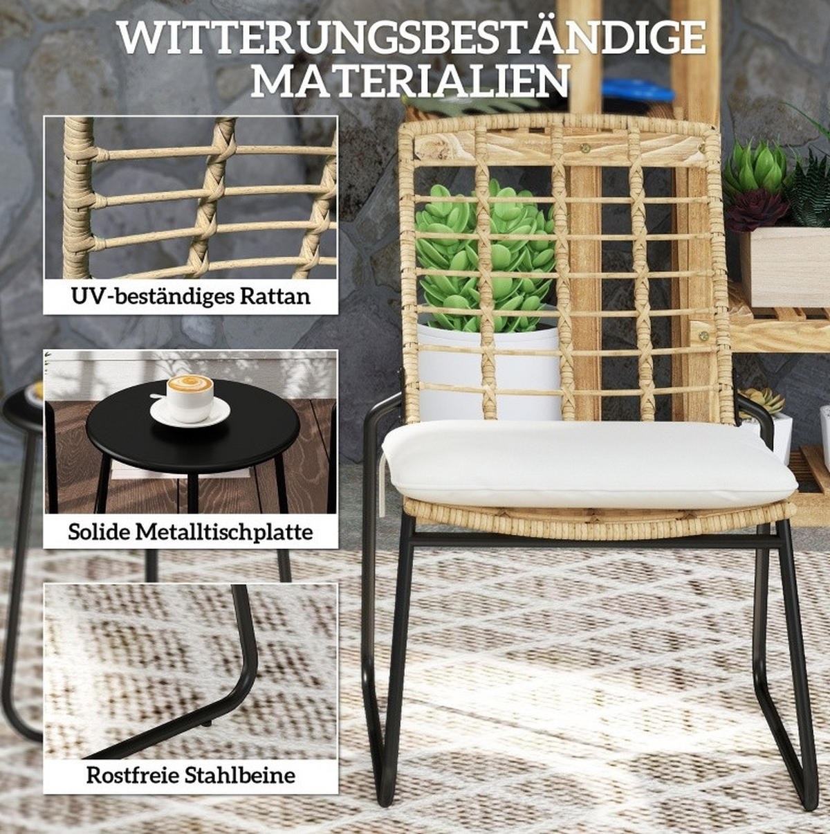 BALKONSET 3-teilig,40×40×46cm Polyrattan mit Kissen und Tisch - Beige, Naturmaterialen - Modfu