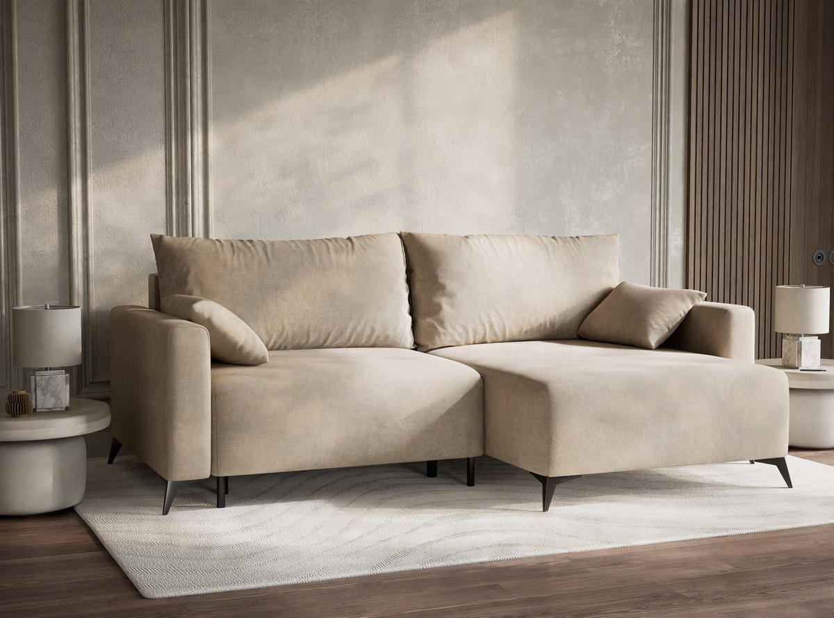 ECKSOFA MIT SCHLAFFUNKTION Leon Beige Webstoff - Beige/Schwarz, Holz/Holzwerkstoff (239/148cm) - Maison de Reve