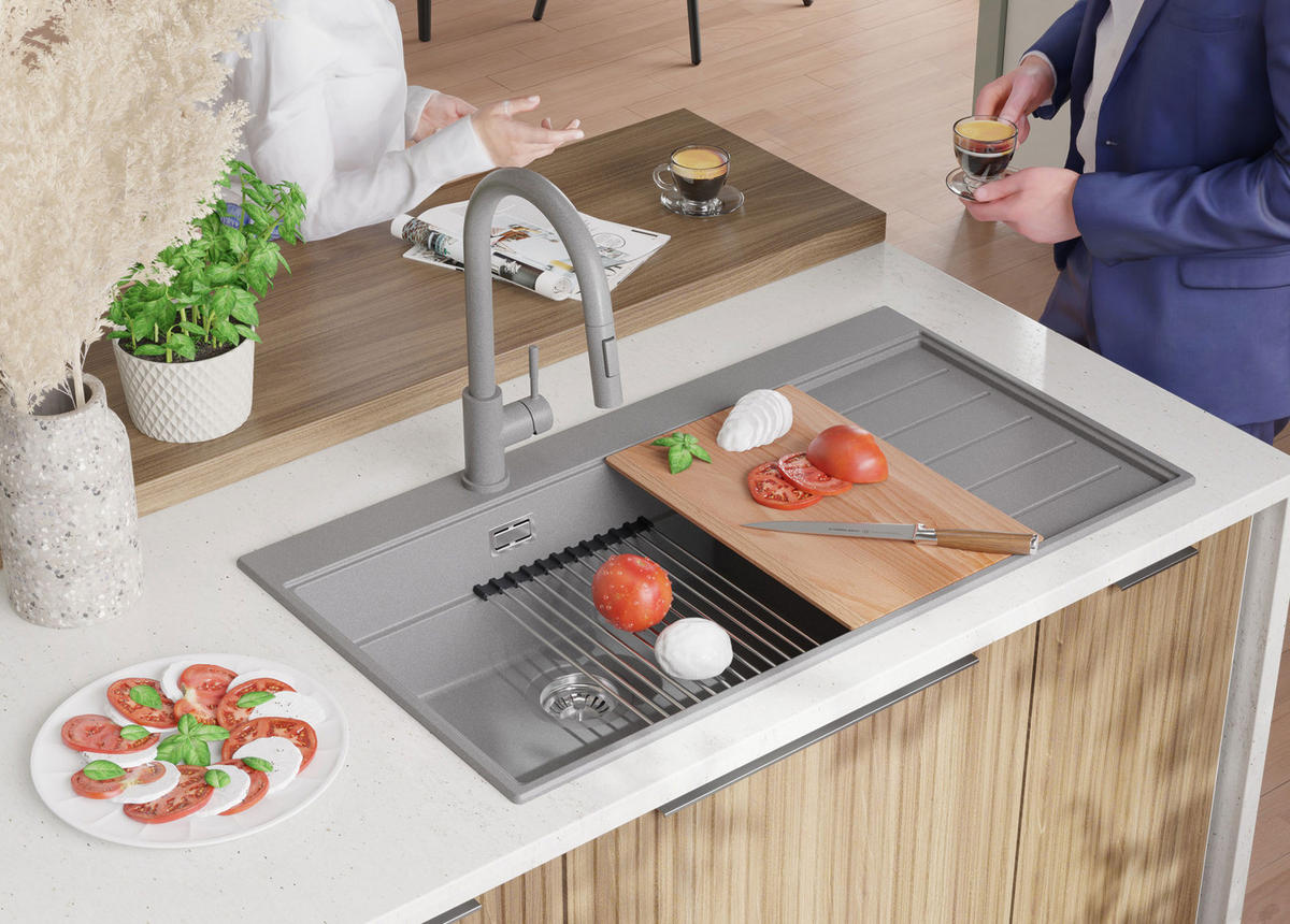 GRANITSPÜLE Sydney, 2-er set Grau 90/50 cm 1 Becken + Küchenarmatur 40/20 cm + Ablauf-Set + Küchenzubehörset ab 60er Unterschrank - Chromfarben/Beige, Kunststoff (90/20/50cm) - Primagran