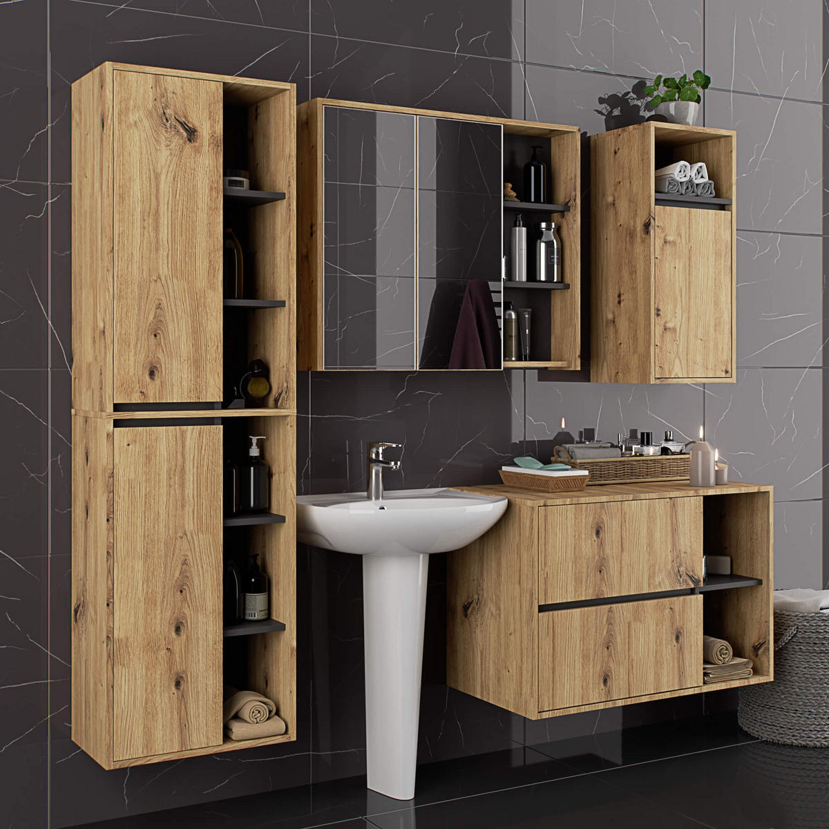 BAD HOCHSCHRANK Vami Eiche Artisan, Grau - Eiche Artisan/Grau, Holzwerkstoff (50/170/30cm) - Akord
