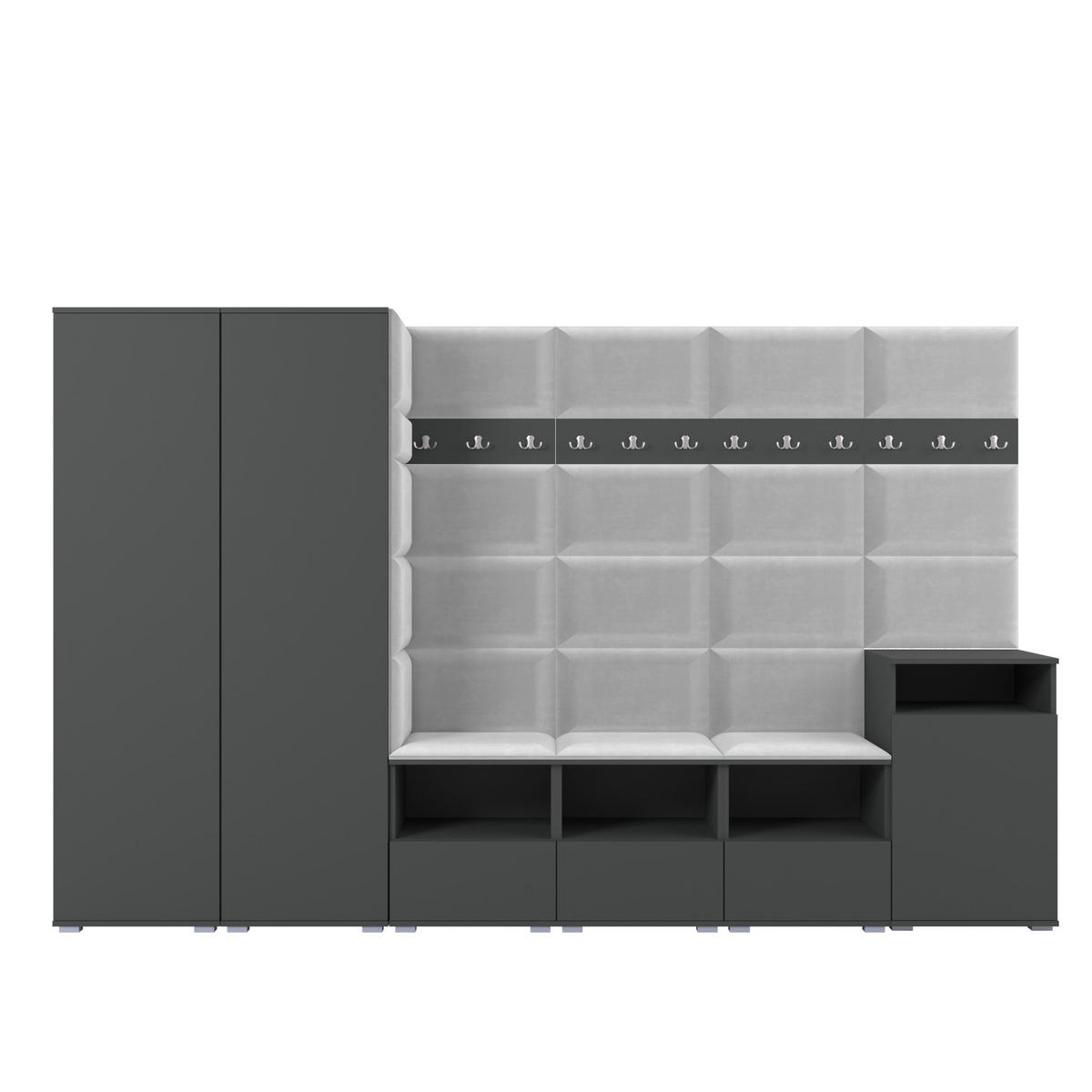 GARDEROBE NELA XII 300 cm (Modulare Flurmöbel Graphit mit Sitzpolster Hellgrau 32 Gigantisches Set) - Silberfarben/Hellgrau, Holz/Holzwerkstoff (300/187/40cm) - Ravio