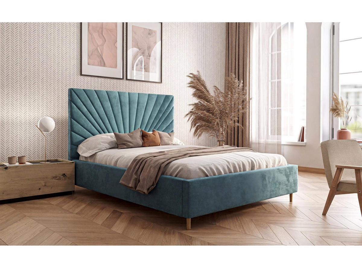POLSTERBETT SUNNY 140x200 cm Magic Velvet 2223, 34 Holzlatten, Kopfteil 131 cm - Türkis, Textil (140/200cm) - Lookway