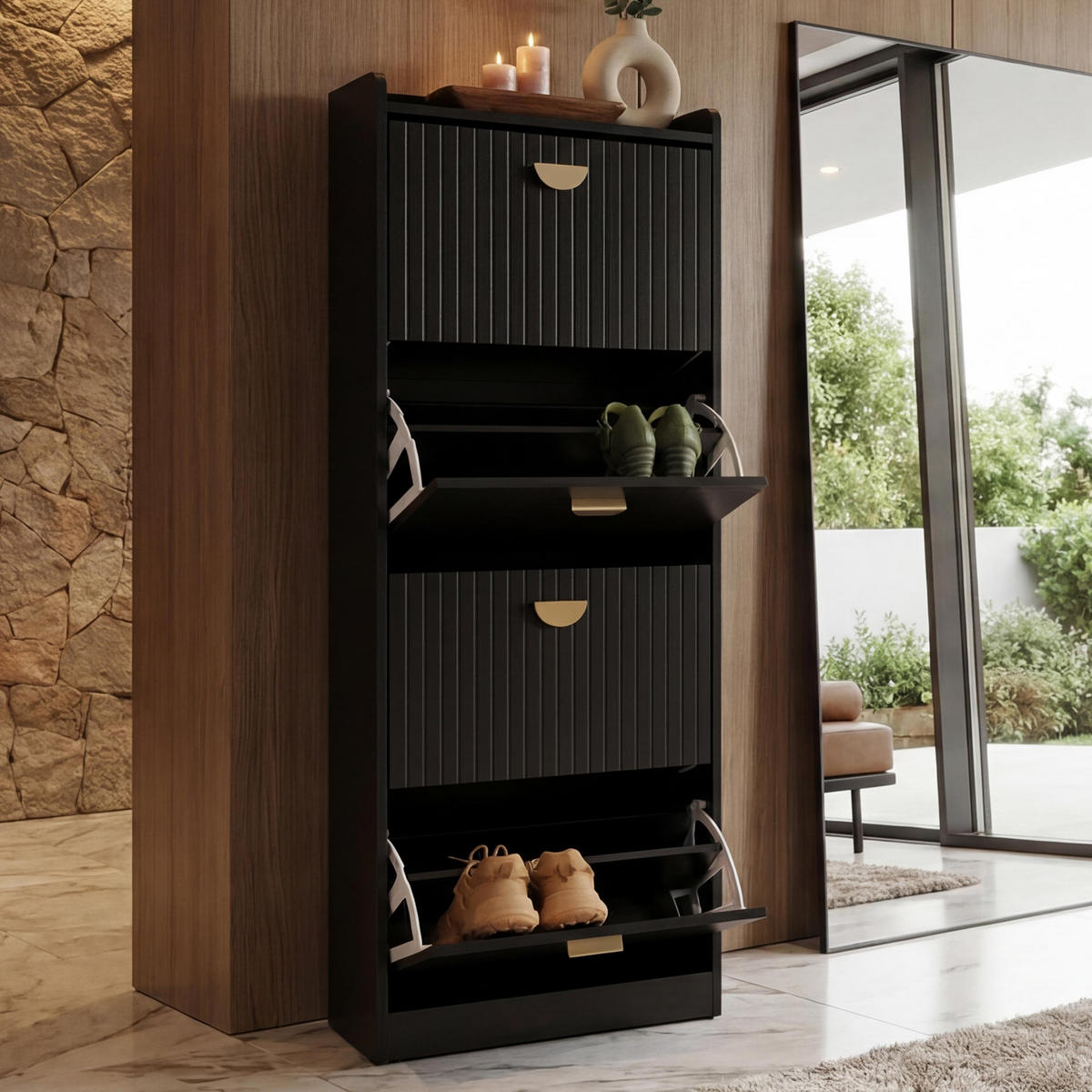 SCHUHSCHRANK Schwarz - Schwarz, Holzwerkstoff (50/148/24cm) - Jamb