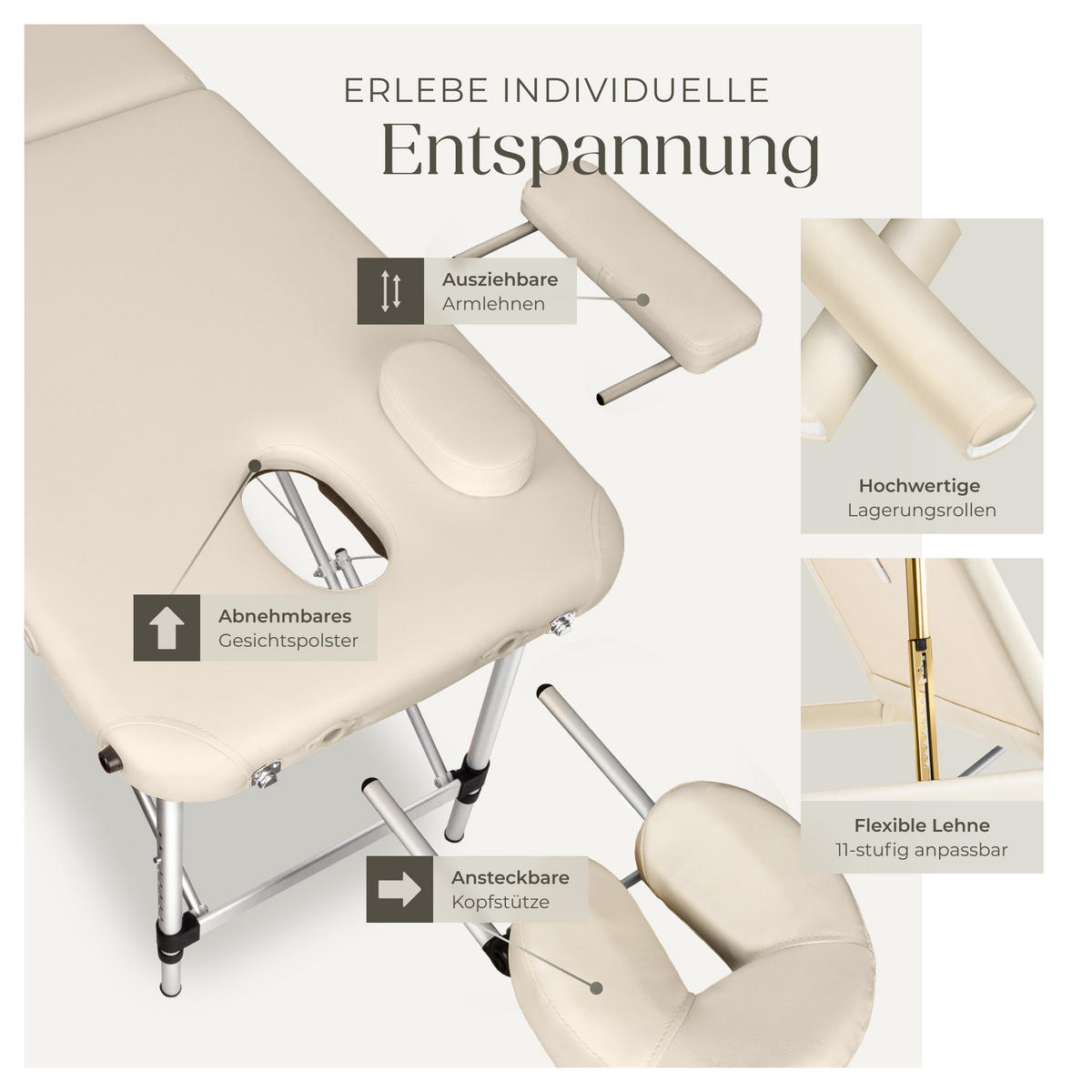 MASSAGELIEGE 3 Zonen, 210 x 95 x 89 cm,beige - Beige, Metall (95/89/210cm) - tectake