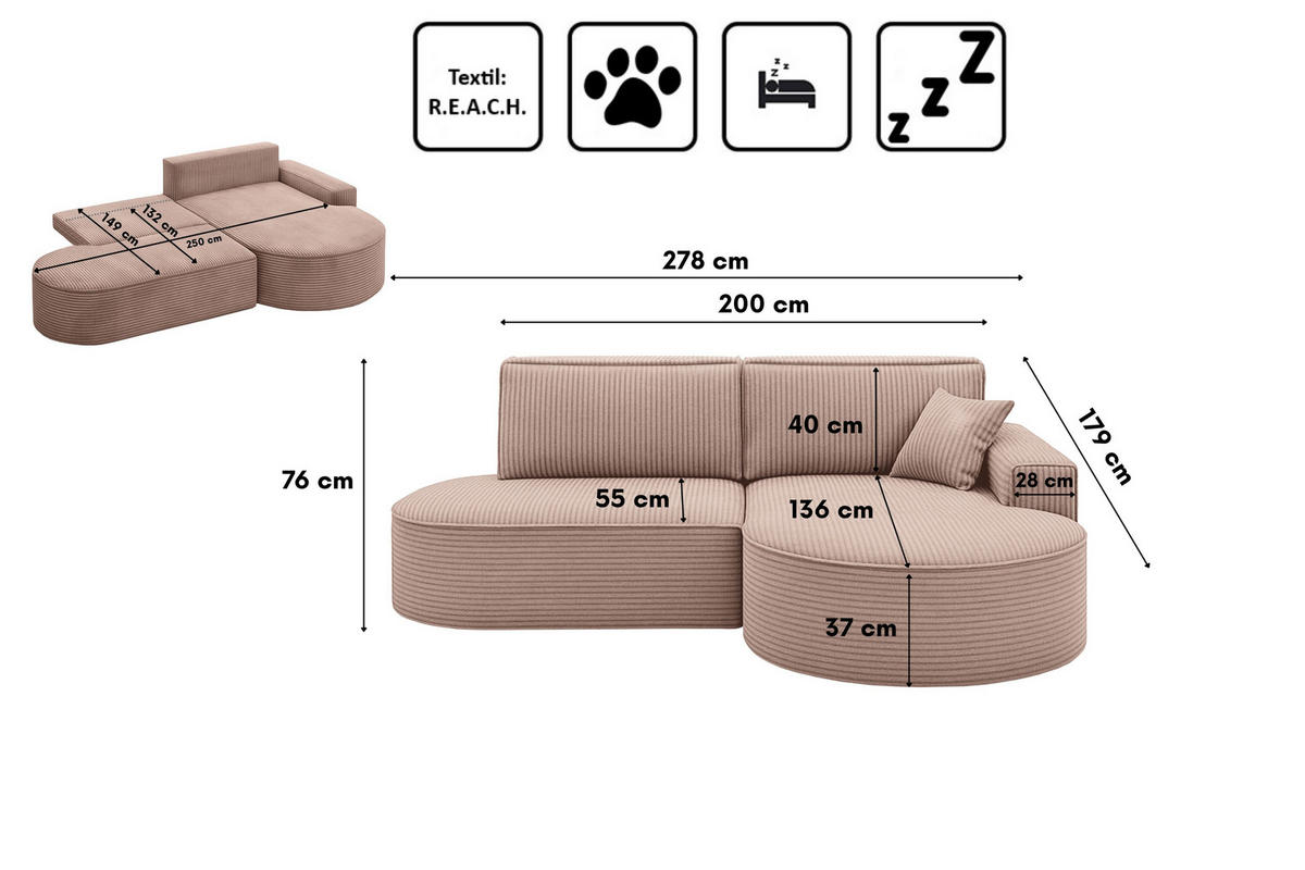 ECKSOFA Modena Pro - Komfort Und Stil Stoff Poso Rosa Rechts - Rosa, Holz (278/179cm) - Kaiser Möbel