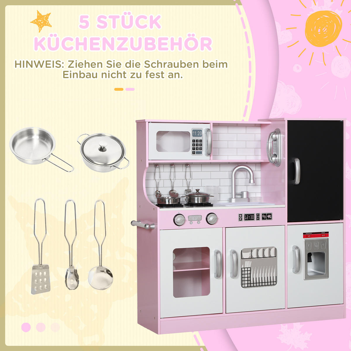 KINDERKÜCHE Spielküche mit Spielzeug Telefon, Kreidetafel, Mikrowelle, Herd Rosa - Hellrosa, Holzwerkstoff (83.8/26.8/81cm) - AIYAPLAY